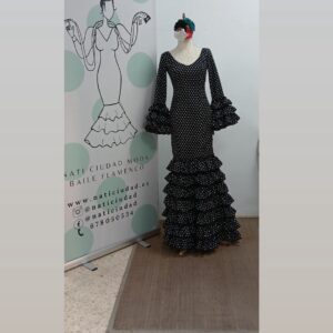VESTIDO MARIQUILLA MULTIVOLANTE NEGRO LUNAR BLANCO