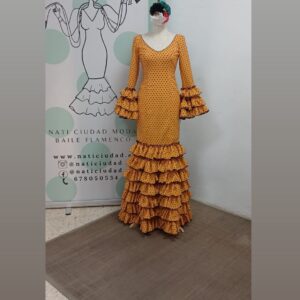 VESTIDO MARIQUILLA MOSTAZA LUNAR NEGRO , MULTIVOLANTE
