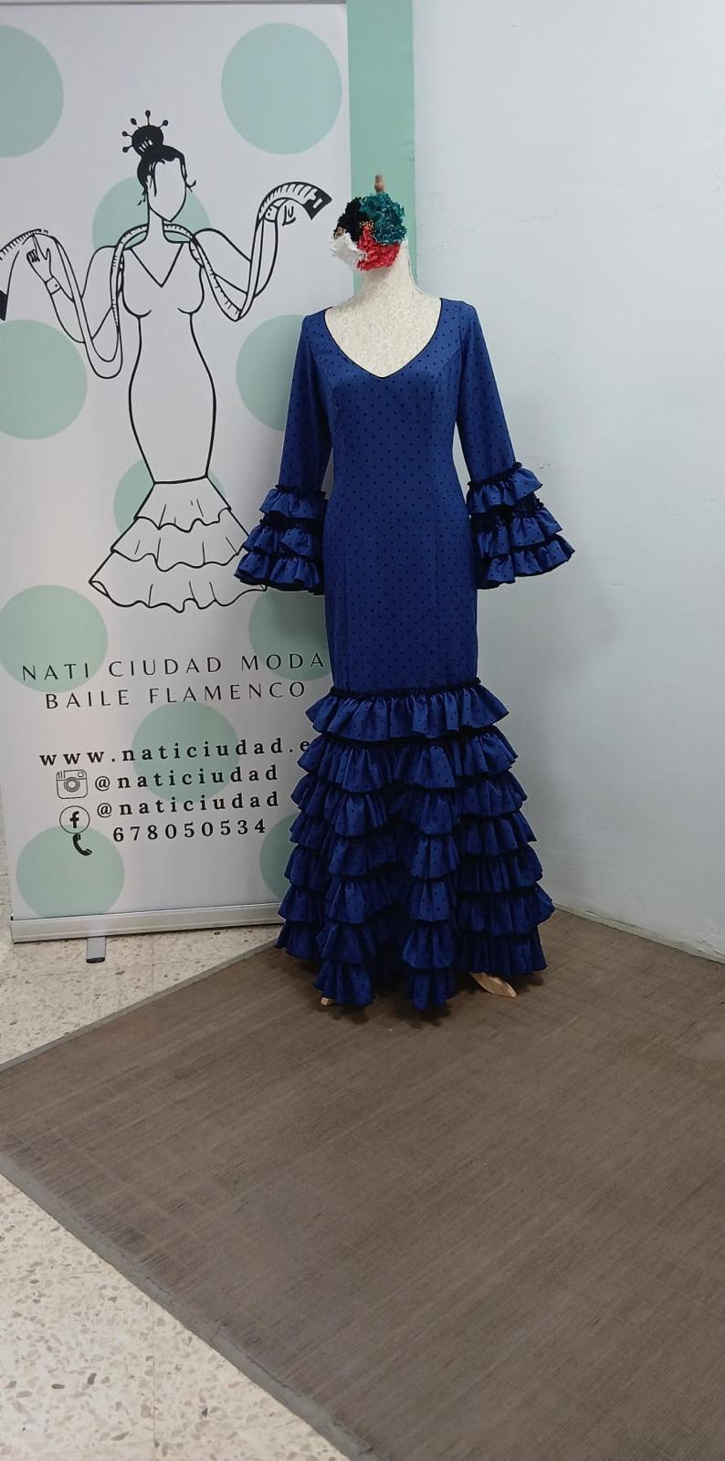 VESTIDO MARIQUILLA AZUL AÑIL LUNAR PEQUEÑO NEGRO , MULTIVOLANTE - Imagen 2