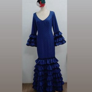 VESTIDO MARIQUILLA AZUL AÑIL LUNAR PEQUEÑO NEGRO , MULTIVOLANTE