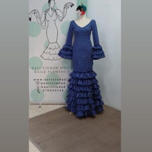 VESTIDO MARIQUILLA AZUL AÑIL LUNAR LENTEJA BLANCO, MULTIVOLANTE
