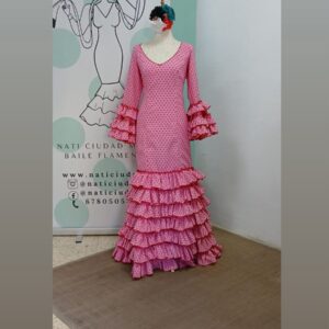 VESTIDO MARIQUILLA ROSA CHICLE LUNAR ROJO , MULTIVOLANTE