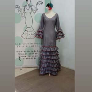 VESTIDO MARIQUILLA GRIS PLOMO LUNAR ROJO, MULTIVOLANTE
