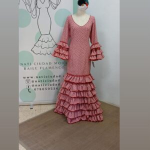 VESTIDO MARIQUILLA  ROSA MAQUILLAJE LUNAR ROJO, MULTIVOLANTE